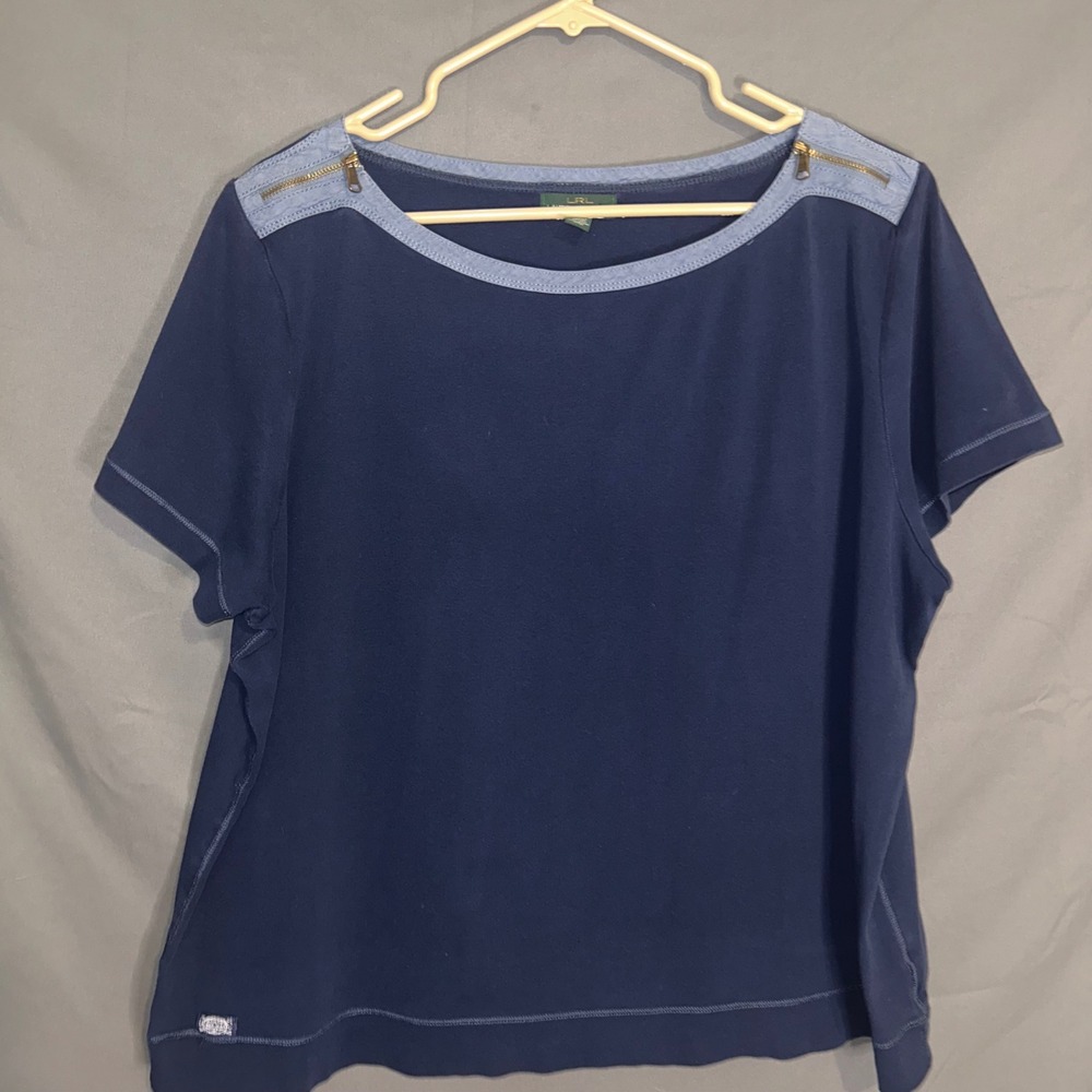 LRL Lauren Jeans Co Ralph Lauren Womens Navy‎ Blue Short Sleeve Top Zipper 3X